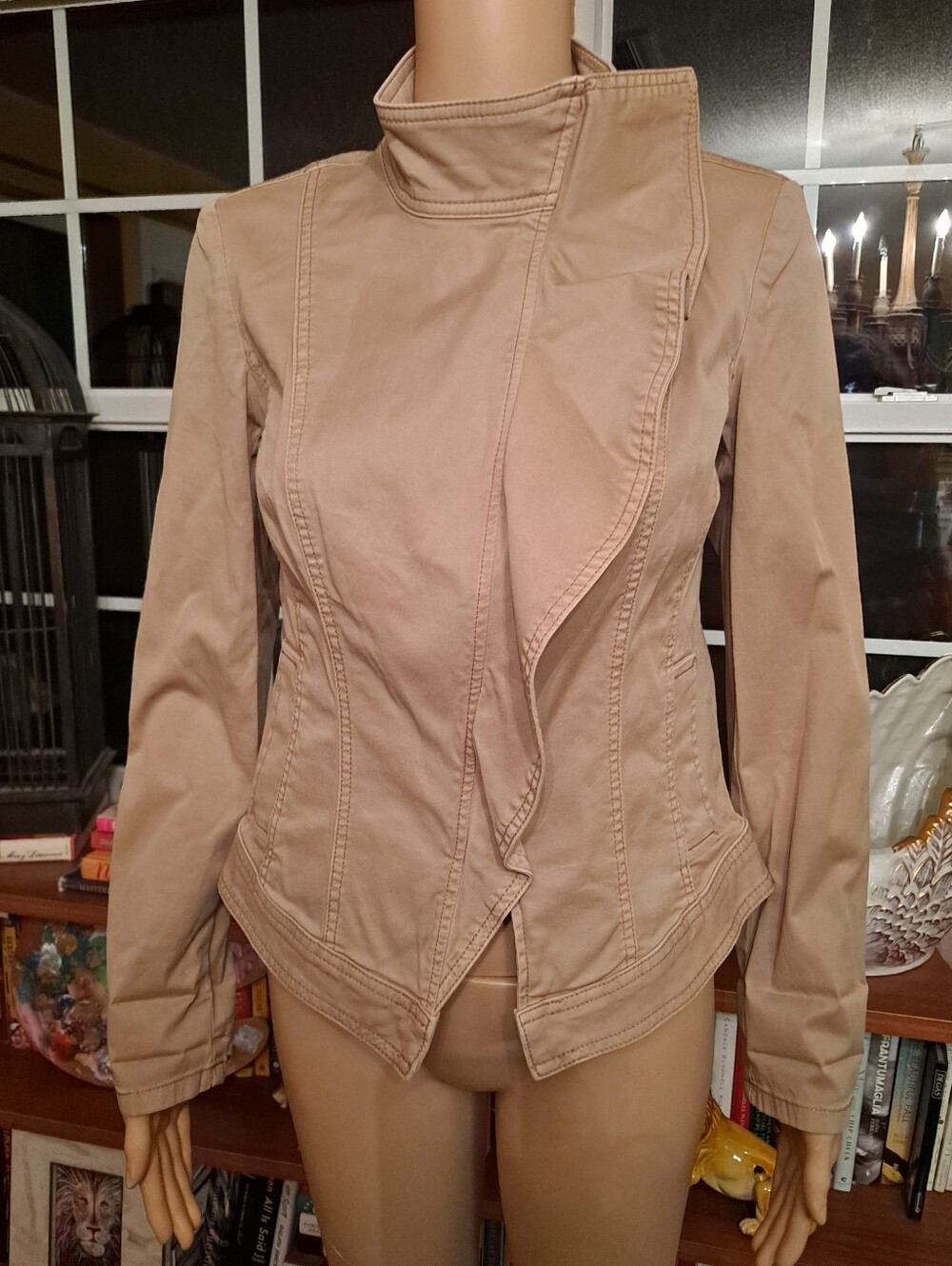 White House Black Market Khaki Asymmetrical Moto/Utility Jacket With Pockets